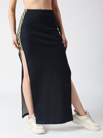 Disrupt Women Navy Side Slit Long Skirt With Checks Detailing