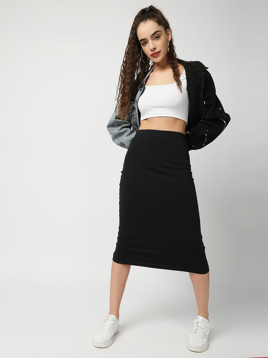 Disrupt Women Black Back Slit Slim Fit Midi Skirt