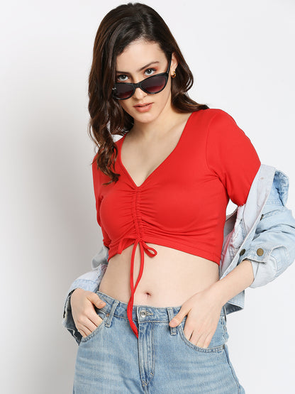 Disrupt Women Long Sleeve Solid Red Drawstring Crop Top