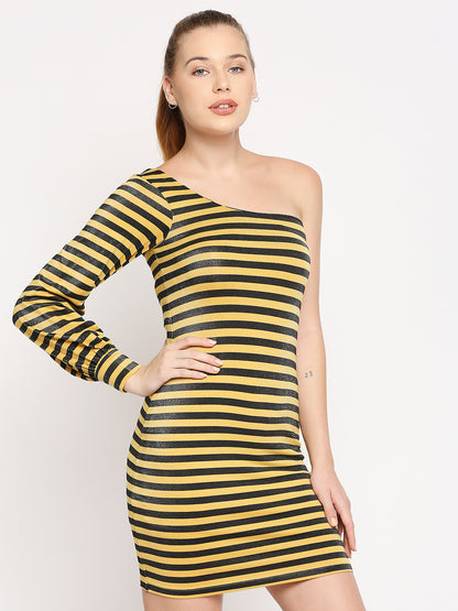 Disrupt Women Yellow One Shoulder Shimmer Striped Dress