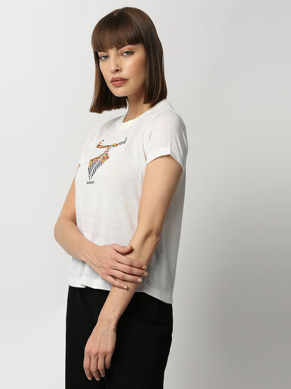 Disrupt Women White Checkered Logo Print Comfort Fit T-shirt