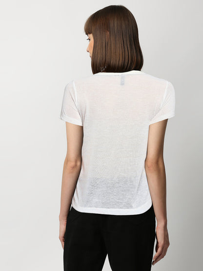 Disrupt Women White Checkered Logo Print Comfort Fit T-shirt