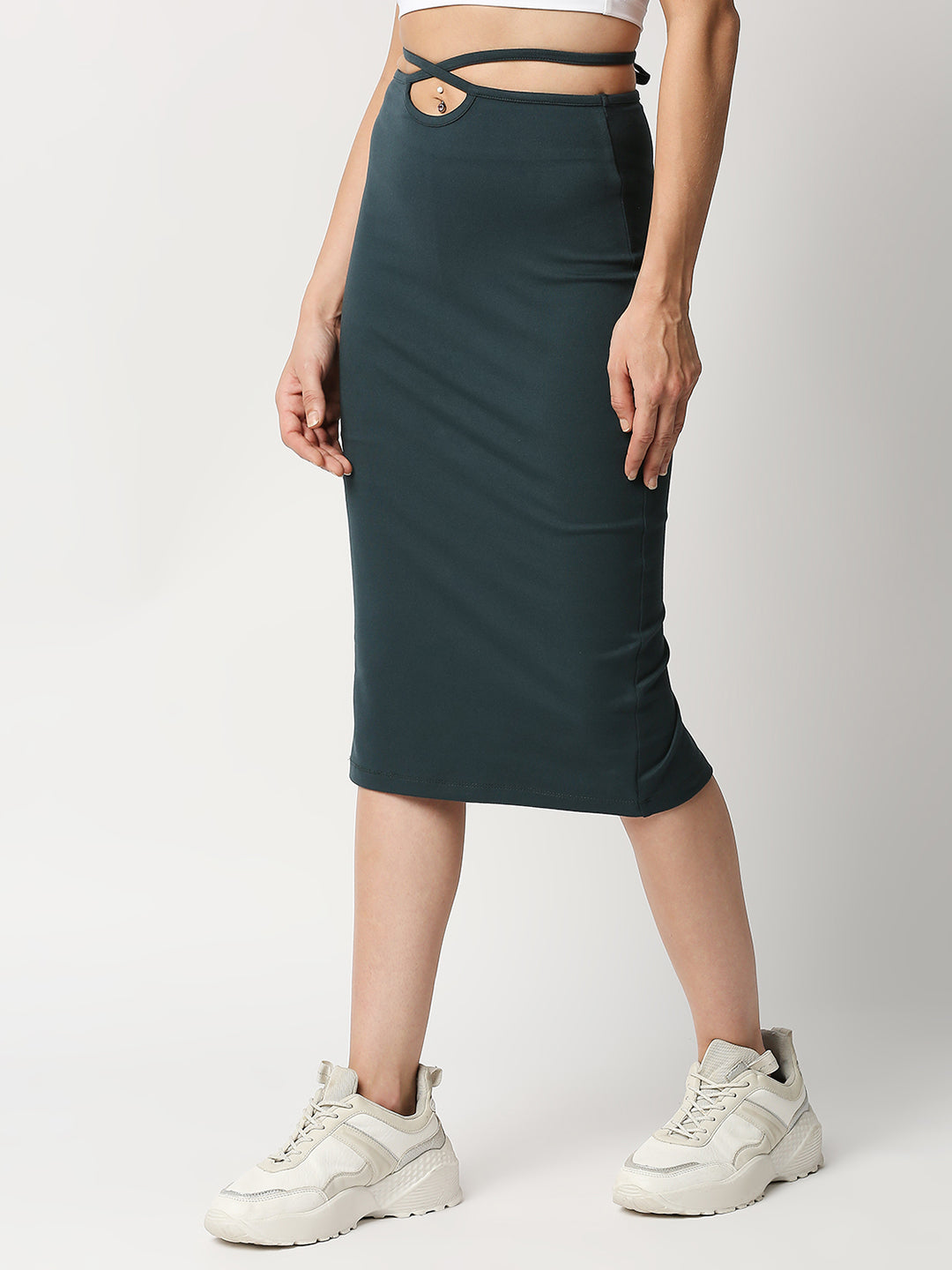 Disrupt Women Green Tie-up Slim Fit Stretchable Pencil Skirt