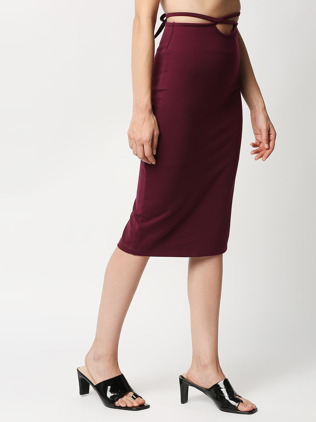 Disrupt Women Wine Tie-up Slim Fit Stretchable Pencil Skirt
