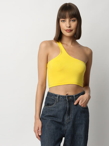 Disrupt Women Yellow One Shoulder Slim Fit Crop Top