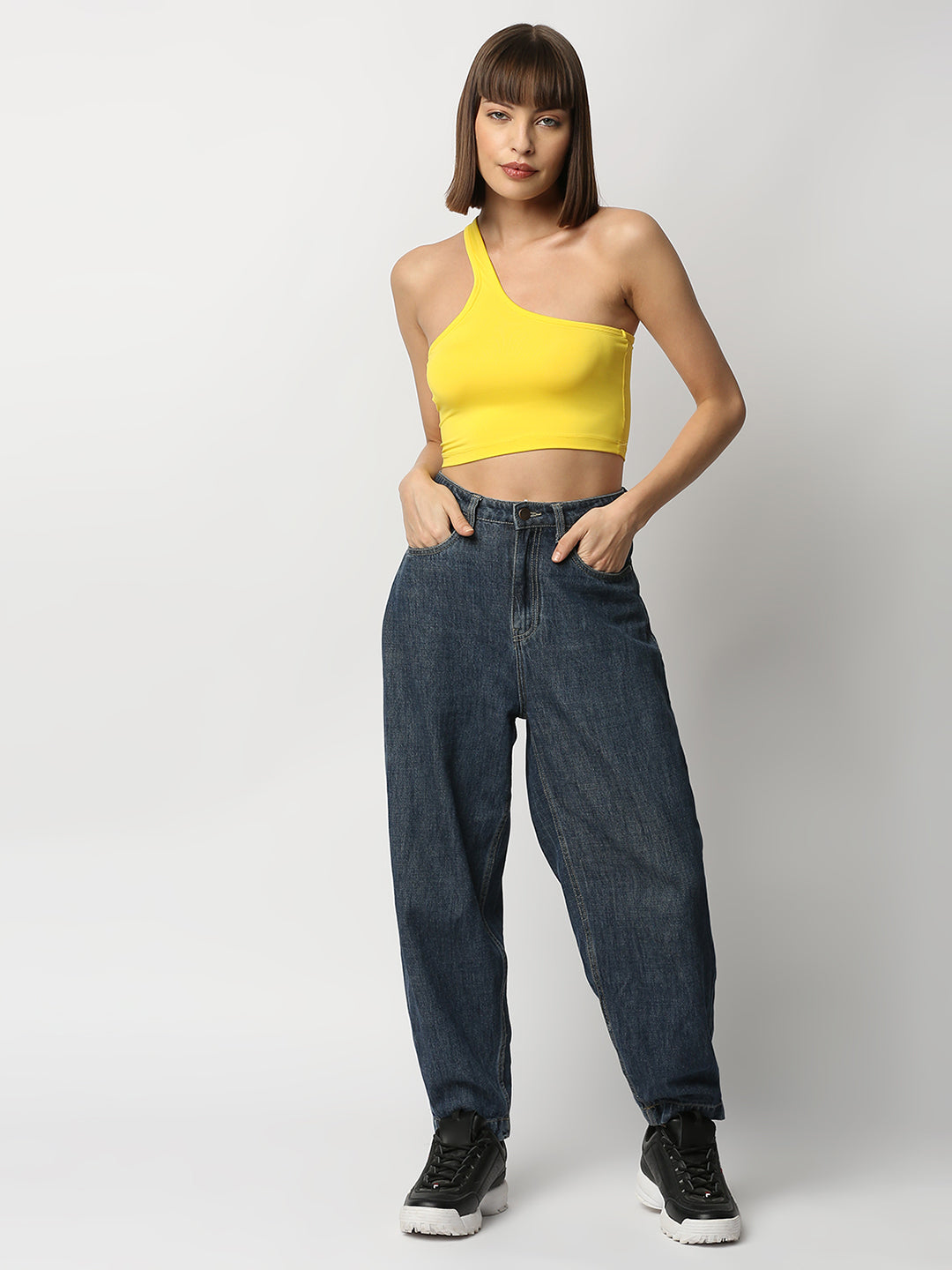 Disrupt Women Yellow One Shoulder Slim Fit Crop Top