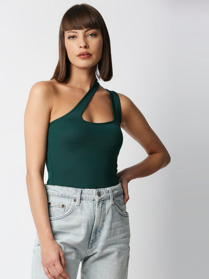 Disrupt Women Green One-Shoulder Cut-Out Square Neck Slim Crop Top