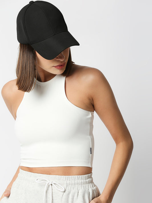 Disrupt Women White Racer Back High Neck Slim Fit Smart Crop Top