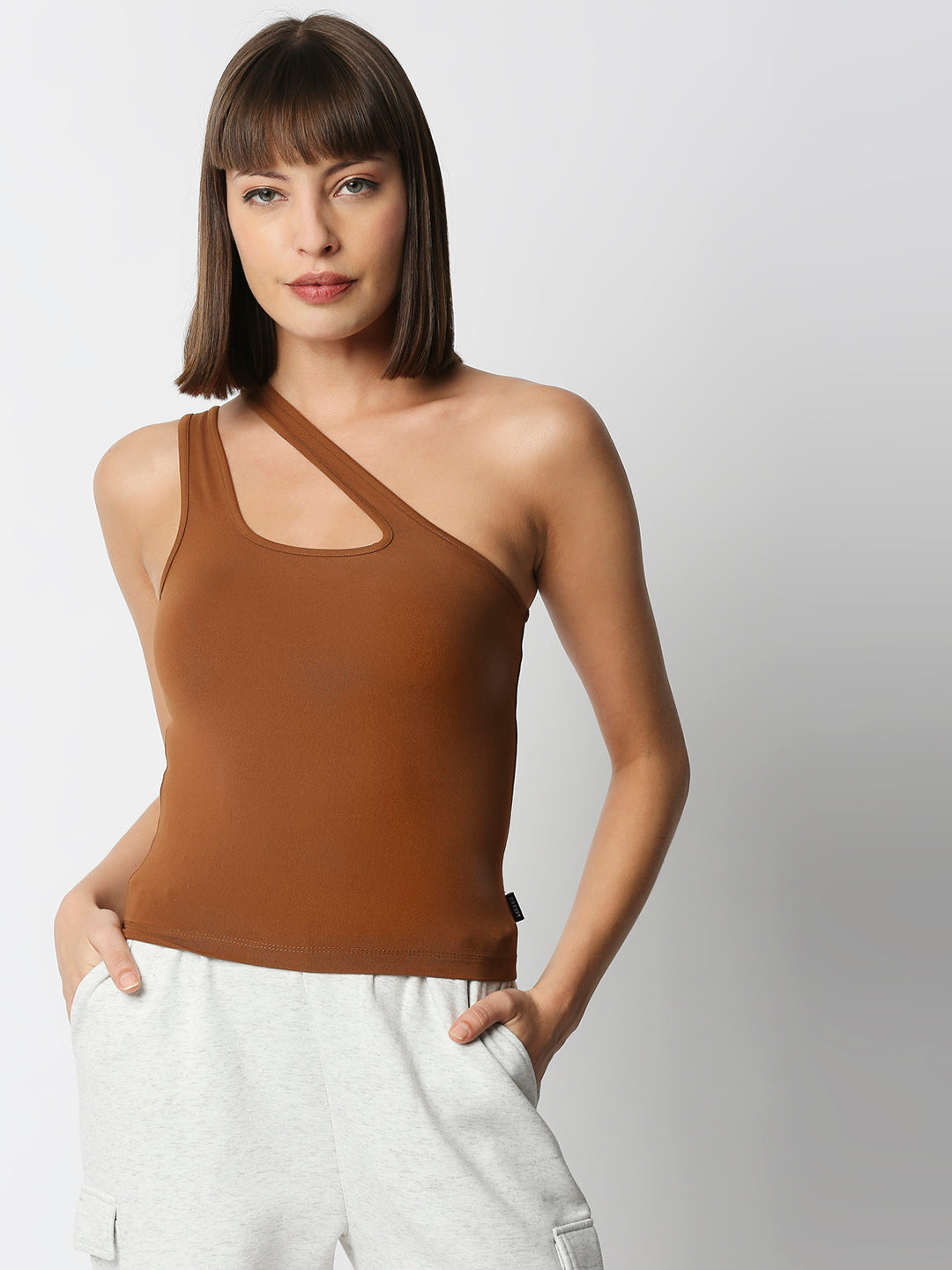 Disrupt Women Brown One-Shoulder Cut-Out Square Neck Slim Crop Top