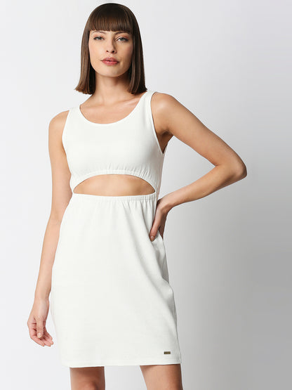 Disrupt Women Front Cut-Out White Regular Fit Dress In Jacquard