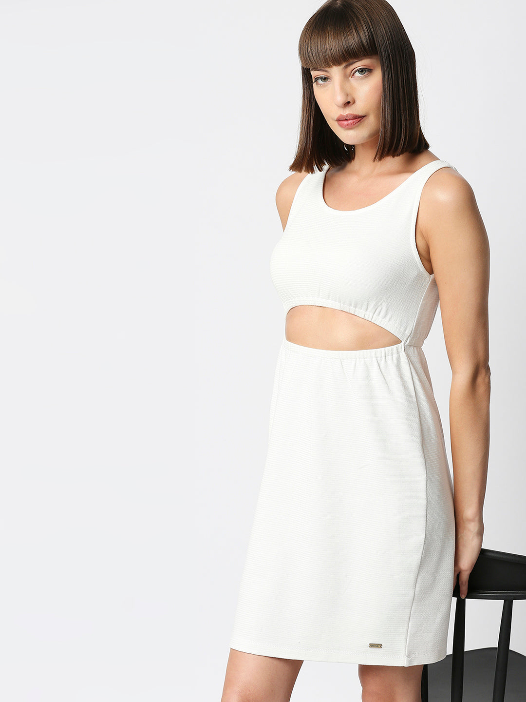 Disrupt Women Front Cut-Out White Regular Fit Dress In Jacquard
