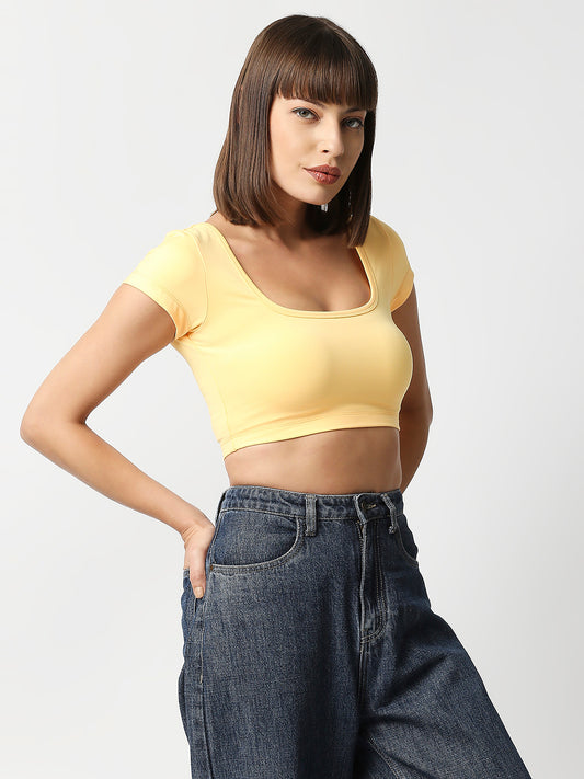 Disrupt Women Yellow Box Neck Slim Fit Smart Crop Top