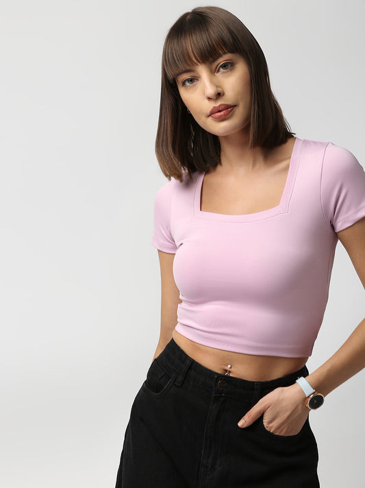 Disrupt Women Light Pink Square Neck Slim Fit Crop Top