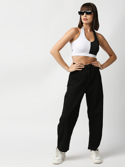 Disrupt Women Black and White Halter Neck Slim Fit Crop Top