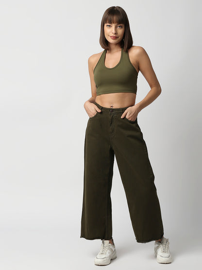 Disrupt Women Olive Halter Neck Slim Fit Crop Top