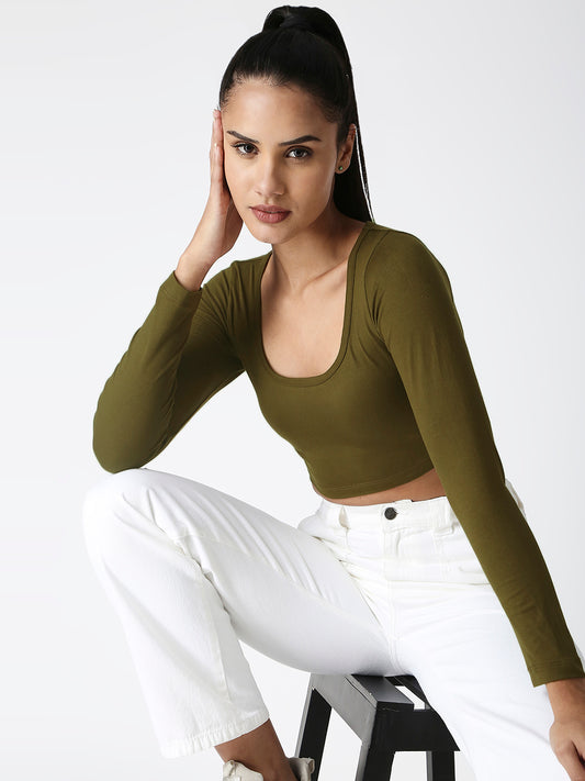 Disrupt Women Olive Classy Long Sleeve Slim Fit Crop Top