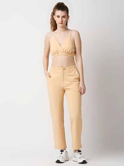 Disrupt Women Beige Straight Pants With Bralette Crop Top Co-rd Set (2pc)