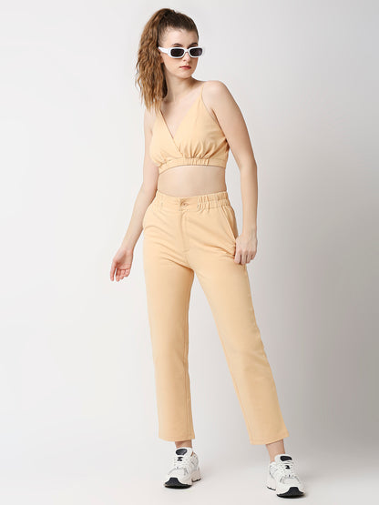 Disrupt Women Beige Straight Pants With Bralette Crop Top Co-rd Set (2pc)