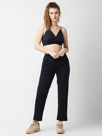 Disrupt Women Navy Straight Pants With Bralette Crop Top Co-rd Set (2pc)