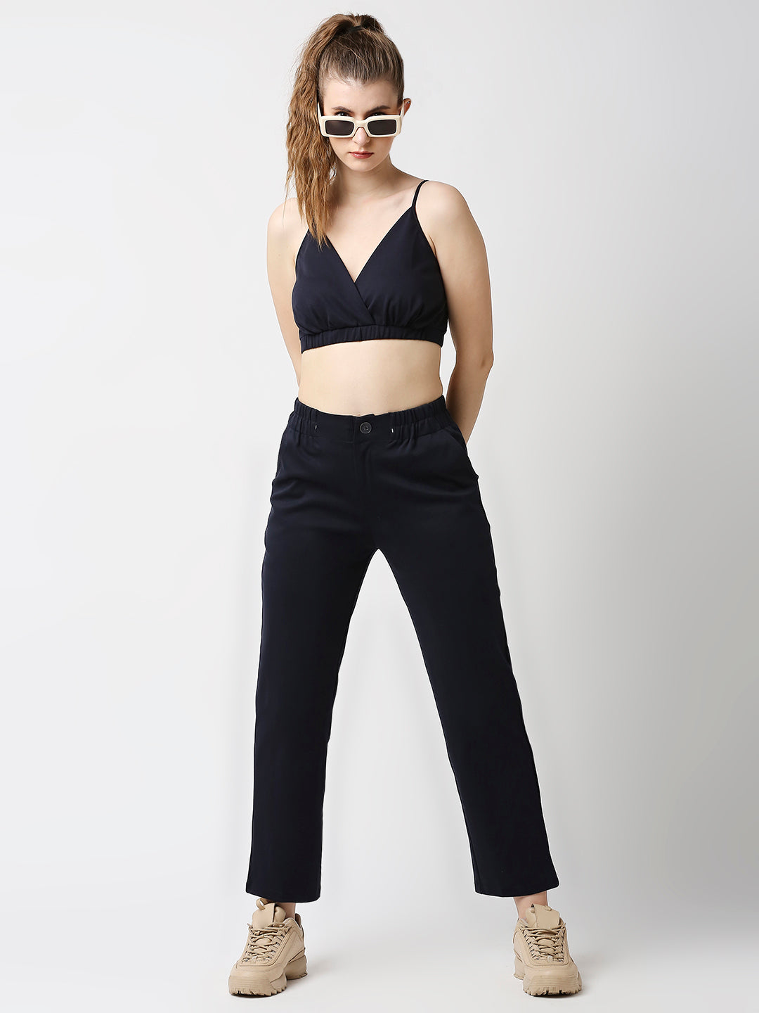 Disrupt Women Navy Straight Pants With Bralette Crop Top Co-rd Set (2pc)