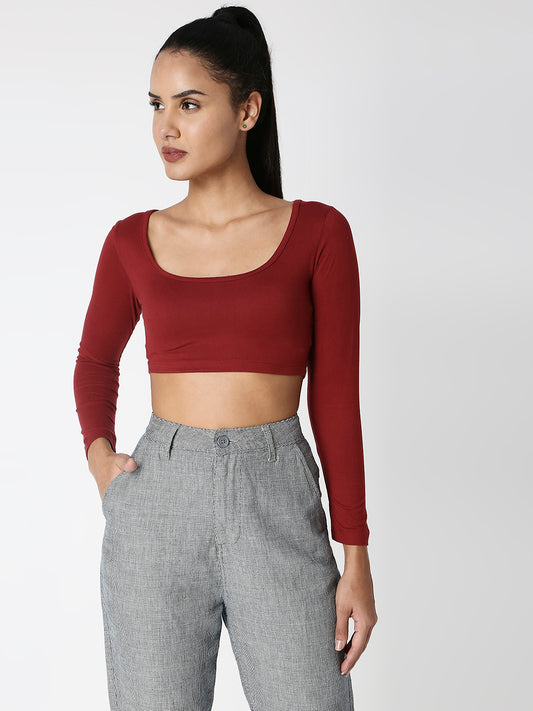 Disrupt Women Maroon Classy Long Sleeve Slim Fit Crop Top