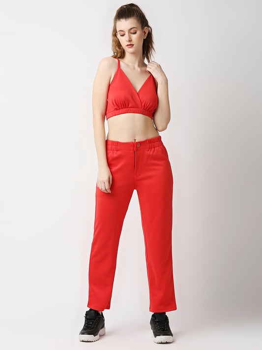 Disrupt Women Red Straight Pants With Bralette Crop Top Co-rd Set (2pc)