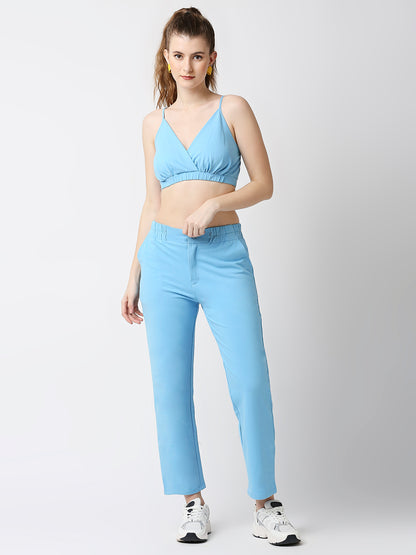 Disrupt Women Blue Straight Pants With Bralette Crop Top Co-rd Set (2pc)