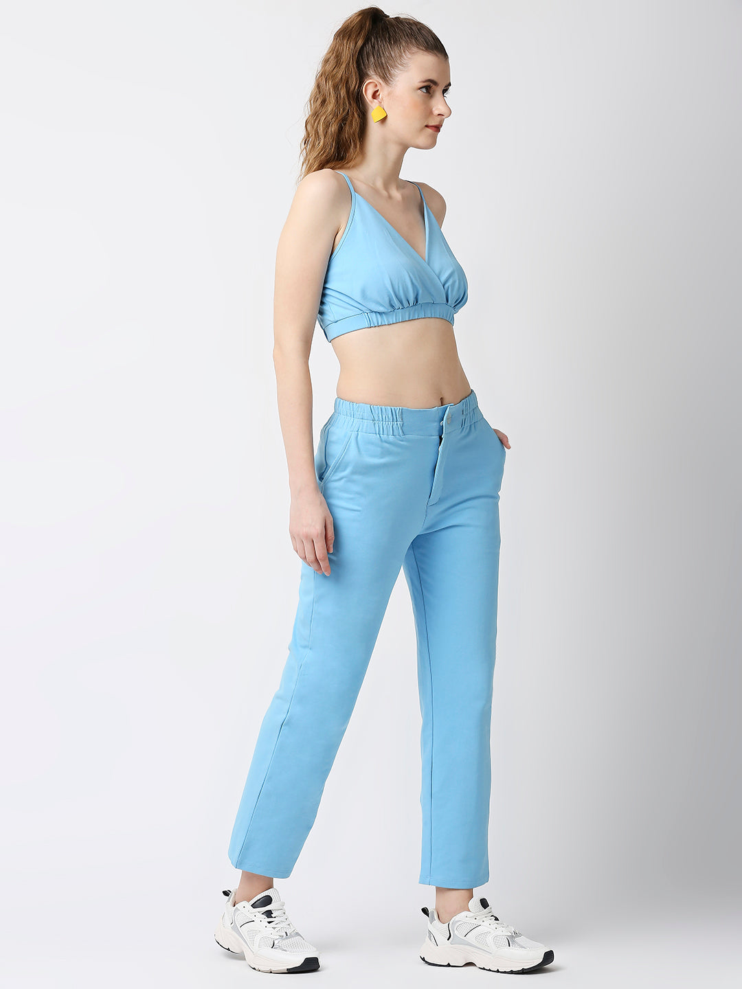 Disrupt Women Blue Straight Pants With Bralette Crop Top Co-rd Set (2pc)