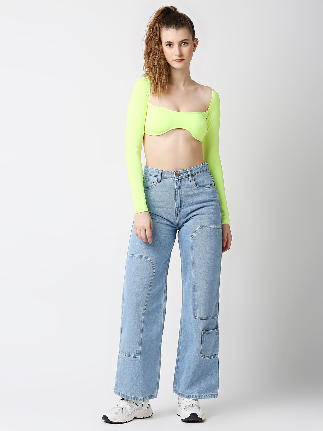 Disrupt Women Neon Green Wide Square Neck Slim Fit Padded Super Crop Top