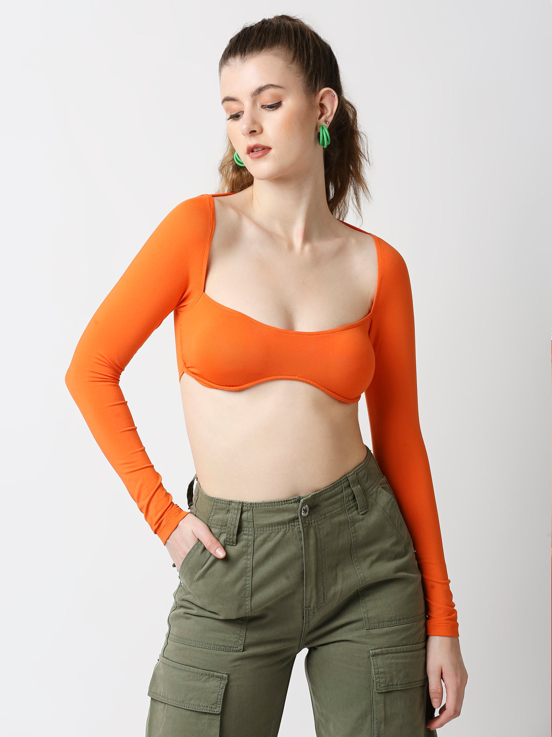 Disrupt Women Orange Wide Square Neck Slim Fit Padded Super Crop Top