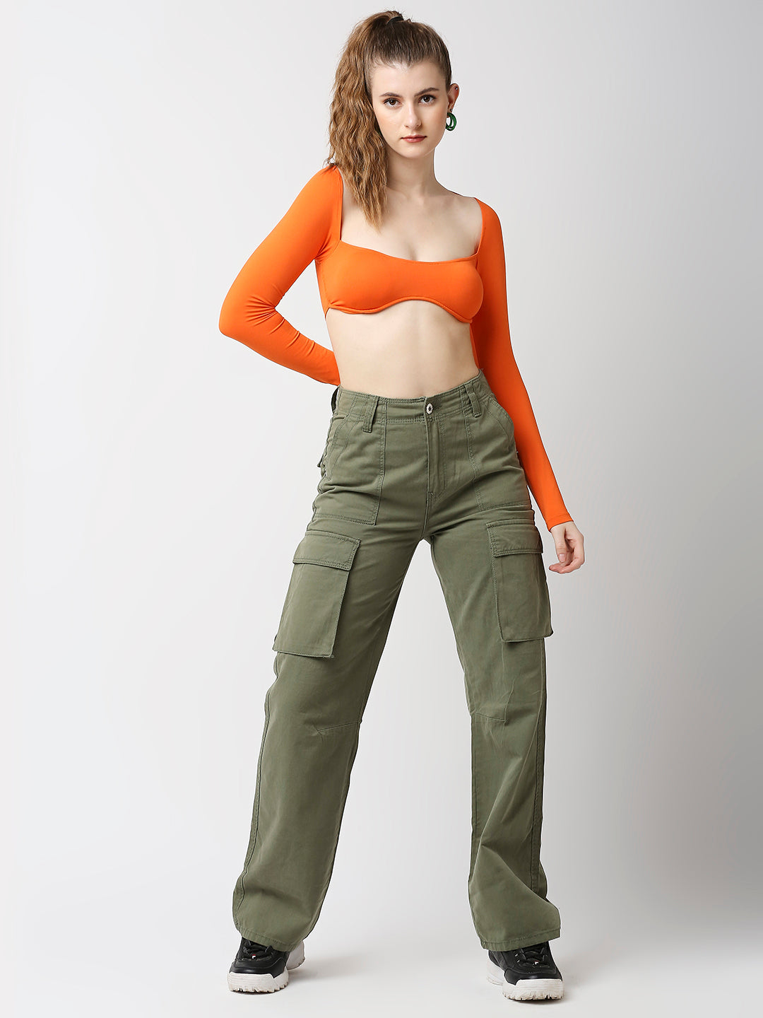 Disrupt Women Orange Wide Square Neck Slim Fit Padded Super Crop Top