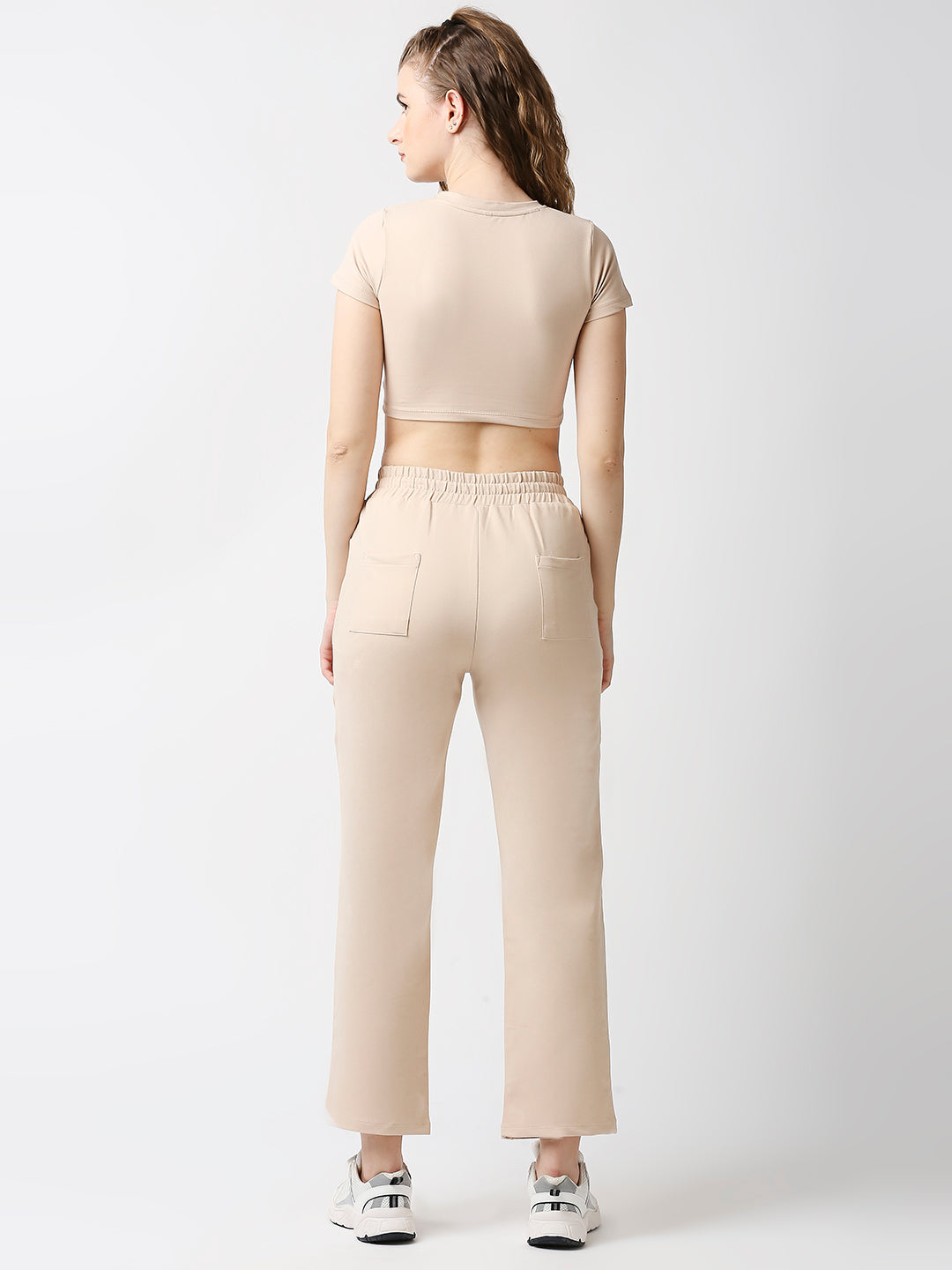 Disrupt Women Beige Straight Pants With Crop Top Co-rd Set (2pc)