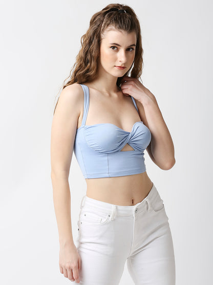 Disrupt Women Blue Twisted Strappy Slim Fit Crop Top With Cups