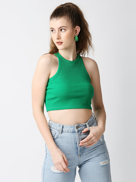 Disrupt Women Ribbed Green Slim Fit Racer Back Crop Top