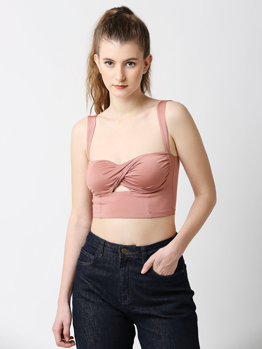 Disrupt Women Rose Mauve Twisted Strappy Slim Fit Crop Top With Cups