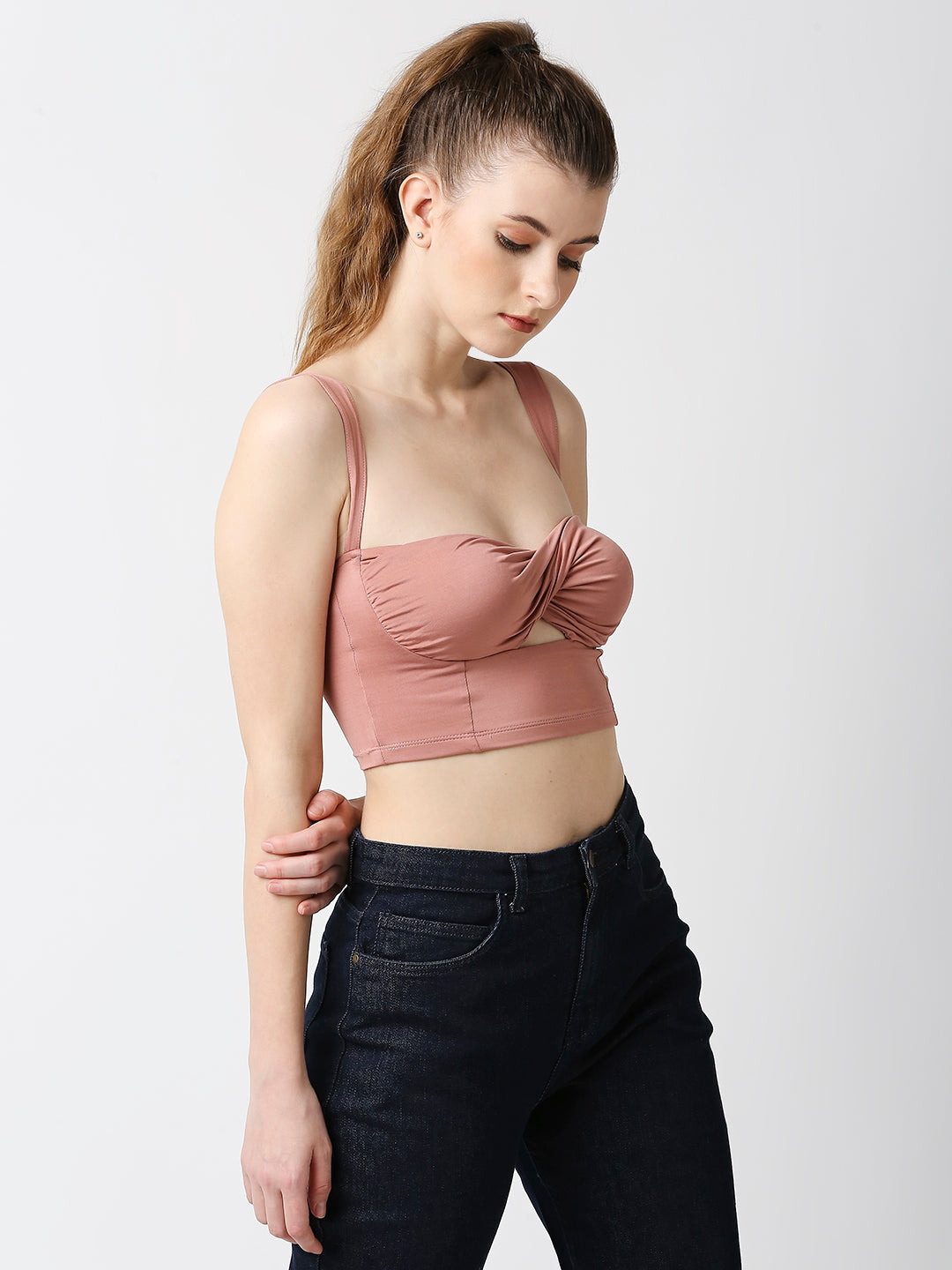 Disrupt Women Rose Mauve Twisted Strappy Slim Fit Crop Top With Cups