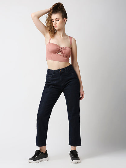 Disrupt Women Rose Mauve Twisted Strappy Slim Fit Crop Top With Cups