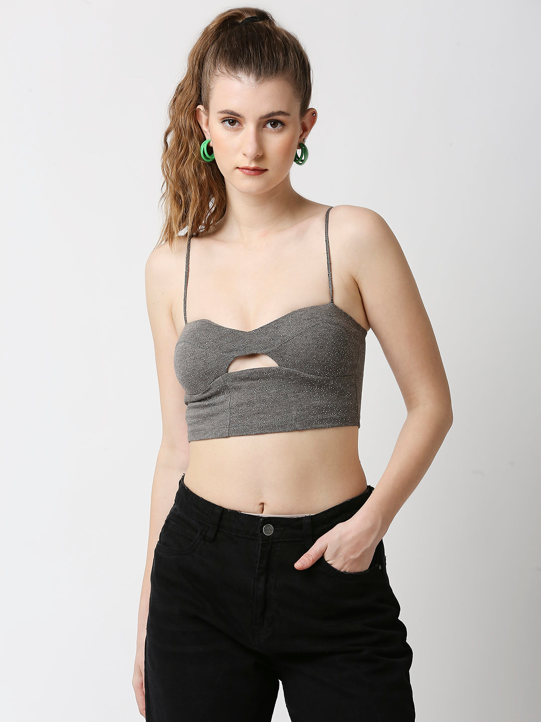 Disrupt Women Grey Studded Cut-Out Spaghetti Slim Fit Crop Top With Cups