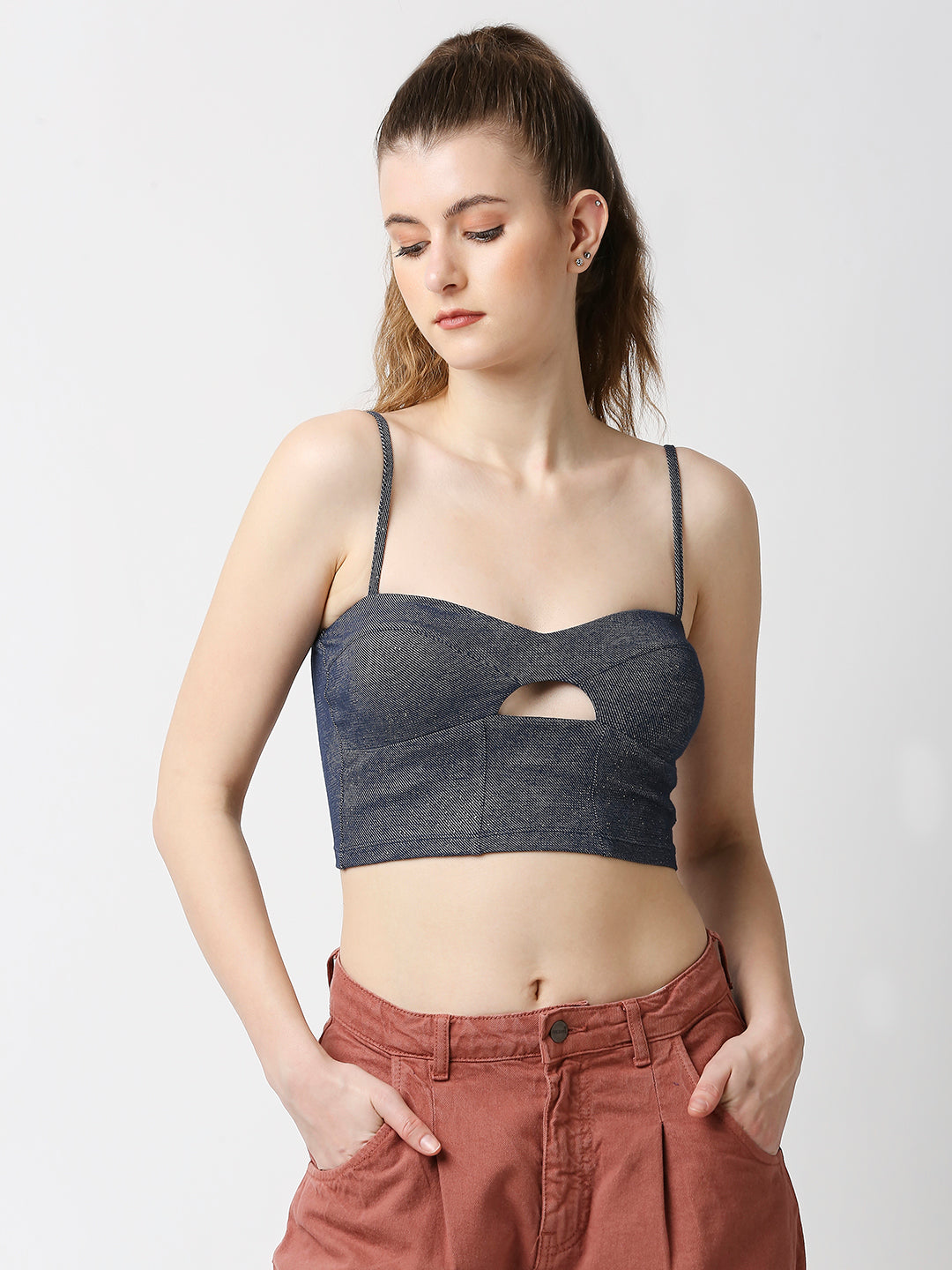 Disrupt Women Navy Studded Cut-out Spaghetti Slim Fit Crop Top With Cups