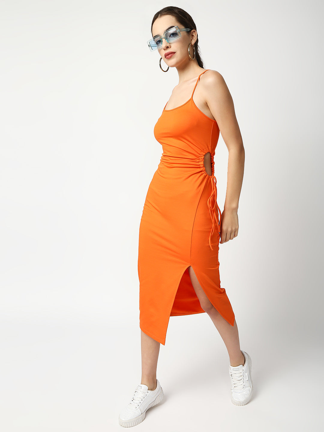 Disrupt Women Orange Side Tie-up Detail Strappy Midi Dress