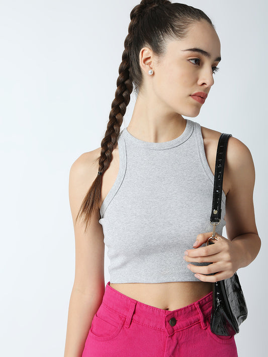 Disrupt Women Sleeveless Grey Ribbed Crop Top