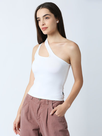 Disrupt Women White One-Shoulder Cut-Out Square Neck Slim Crop Top