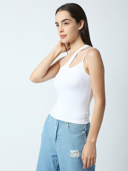 Disrupt Women White One-Shoulder Cut-Out Spaghetti Slim Crop Top