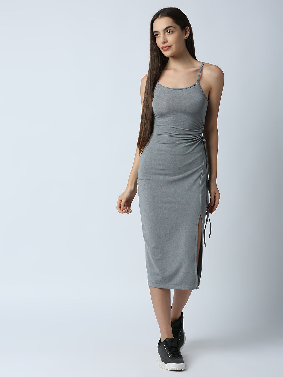Disrupt Women Grey Side Tie-up Detail Strappy Midi Dress